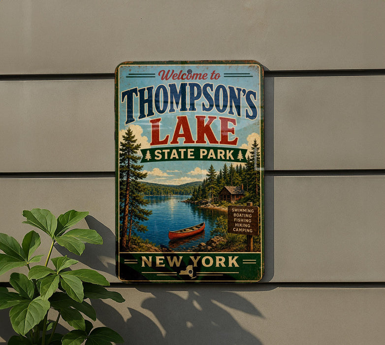 A vintage-style metal sign welcoming visitors to Thompson's Lake State Park in New York.