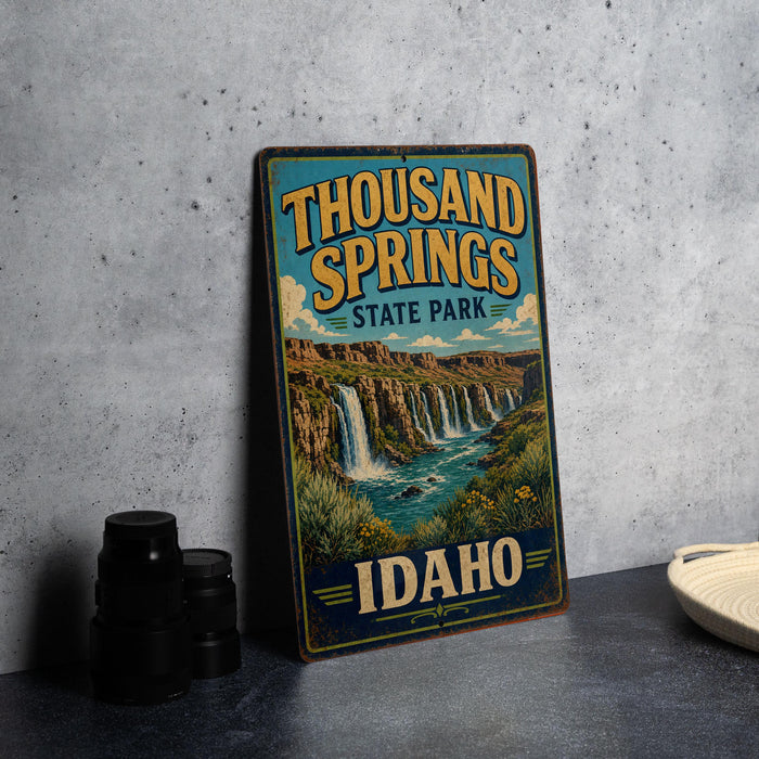 A vintage-style sign for Thousand Springs State Park in Idaho, featuring a scenic illustration of a waterfall and a desert landscape.