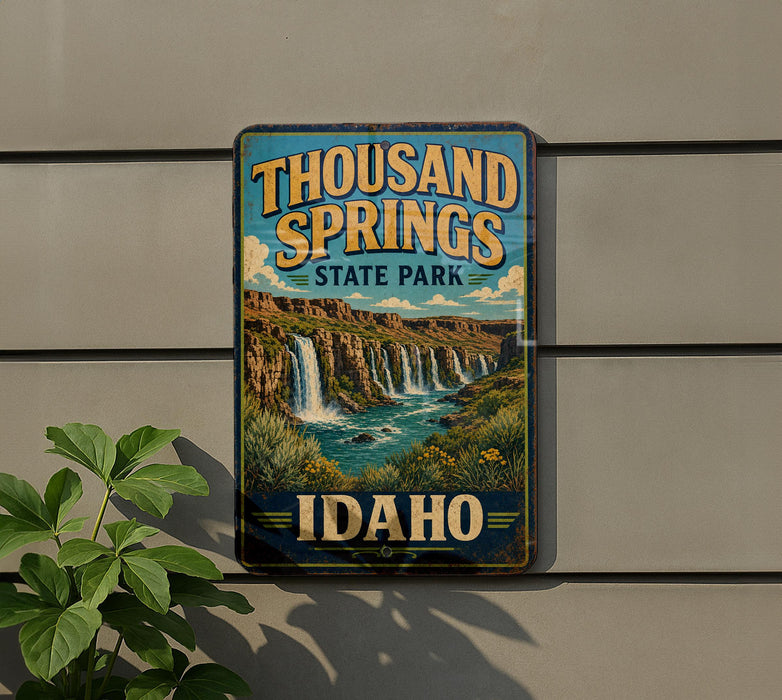 A vintage-style sign for Thousand Springs State Park in Idaho, featuring a scenic landscape with waterfalls and mountains.