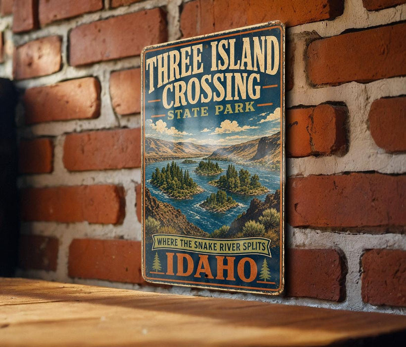 A vintage-style sign for Three Island Crossing State Park in Idaho, featuring a scenic illustration of the Snake River and the surrounding landscape.