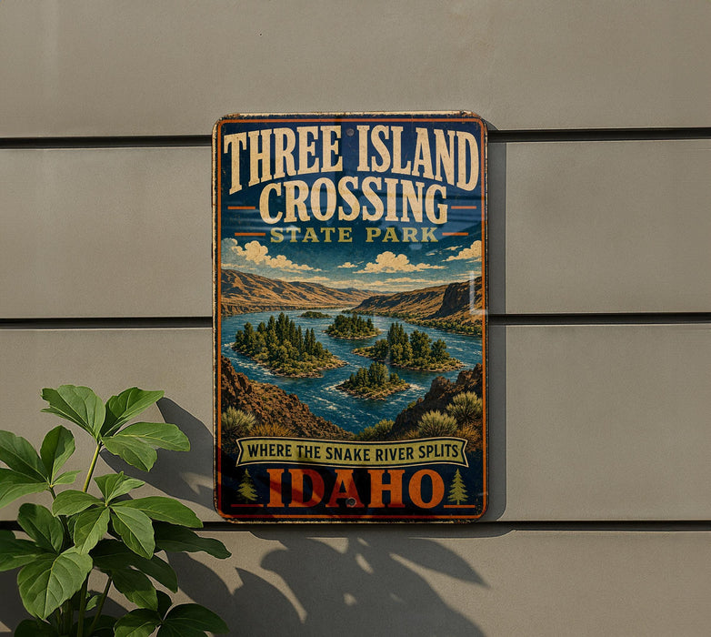 A vintage-style sign for Three Island Crossing State Park in Idaho, featuring a scenic illustration of the Snake River and the surrounding landscape.