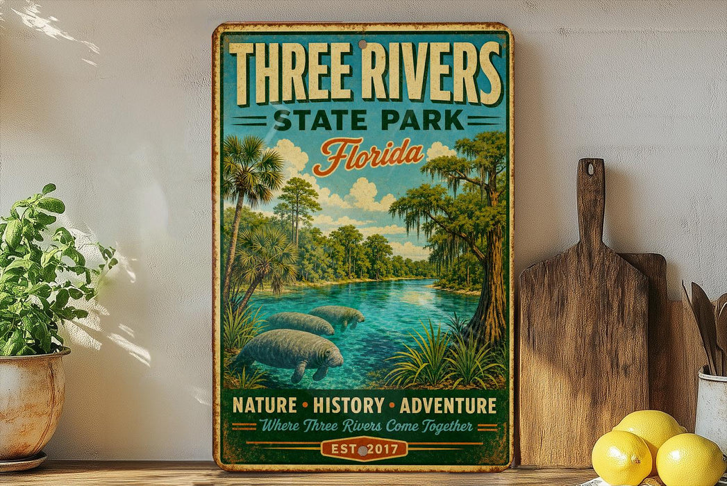 A vintage-style metal sign for "Three Rivers State Park, Florida" featuring a scenic illustration of a river, palm trees, and manatees.