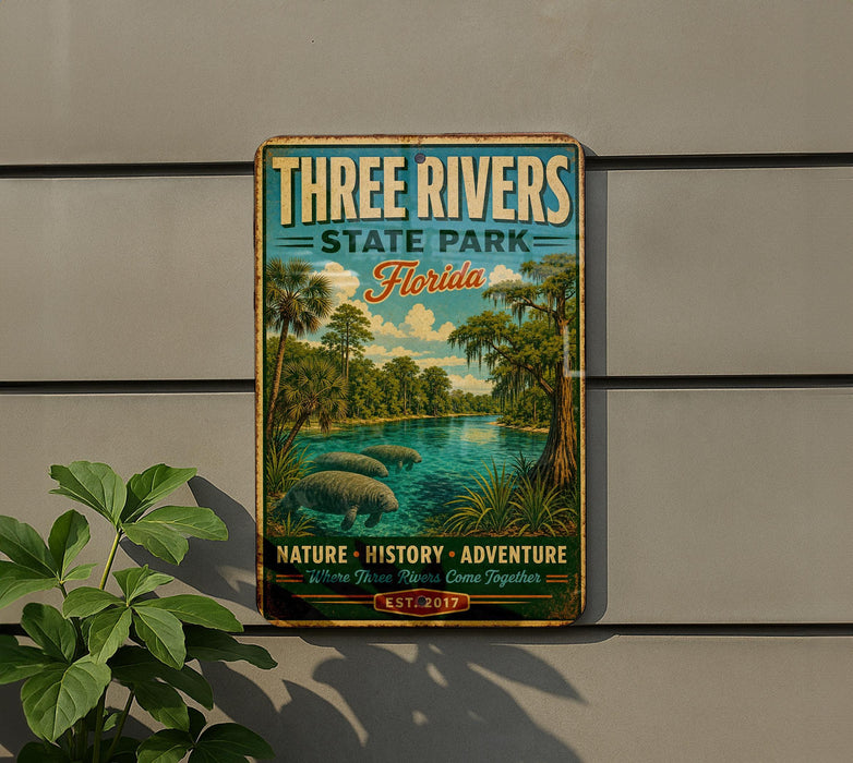 A vintage-style metal sign for Three Rivers State Park in Florida, featuring a tropical landscape with palm trees, a river, and a manatee.