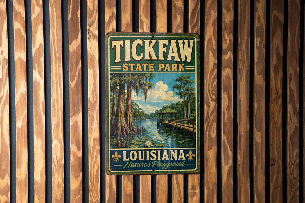 A vintage metal sign for Tickfaw State Park in Louisiana, featuring a scenic illustration of a bayou landscape with a wooden walkway and a bridge.