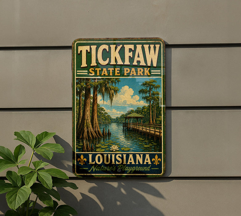 A vintage-style sign for Tickfaw State Park in Louisiana, featuring a scenic illustration of a bayou landscape with a bridge and palm trees.