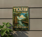 A vintage-style sign for Tickfaw State Park in Louisiana, featuring a scenic illustration of a bayou landscape with a bridge and palm trees.