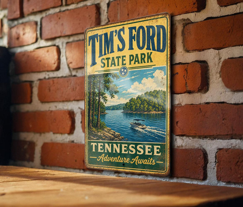 A vintage-style metal sign for Tim's Ford State Park in Tennessee, featuring a scenic landscape with a lake and a boat.