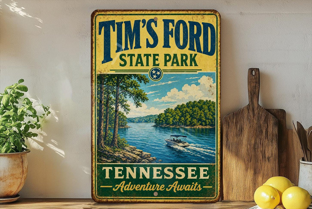 A vintage-style sign for Tim's Ford State Park in Tennessee, featuring a scenic image of a lake with a boat and trees.