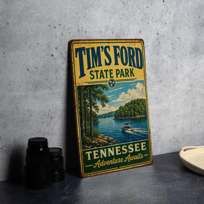 A vintage-style metal sign for Tim's Ford State Park in Tennessee, featuring a scenic lake and boat illustration, is displayed on a gray countertop.