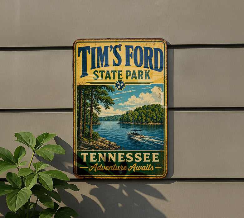 A vintage-style metal sign for Tim's Ford State Park in Tennessee, featuring a scenic image of a lake and a boat.