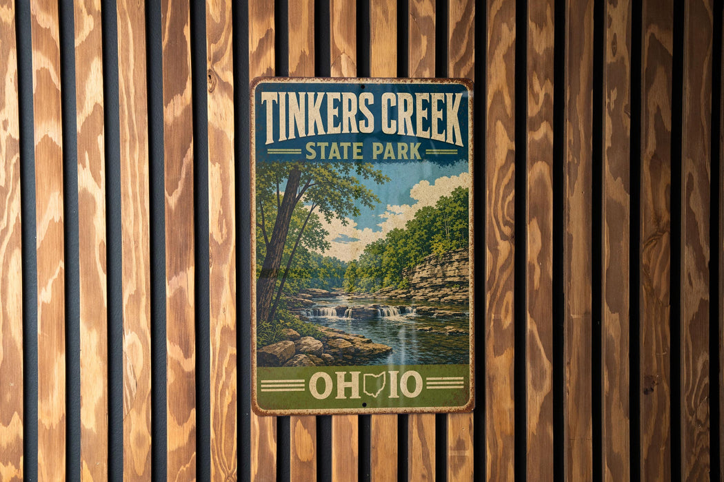A vintage-style metal sign for Tinkers Creek State Park in Ohio, featuring a scenic landscape with a river and waterfall.