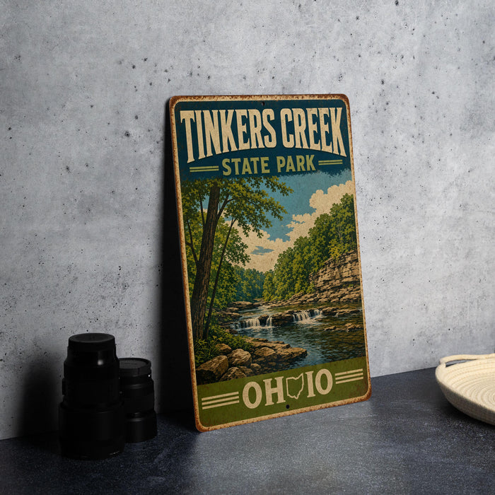 A vintage-style sign for Tinkers Creek State Park in Ohio, featuring a scenic landscape with a river and trees.