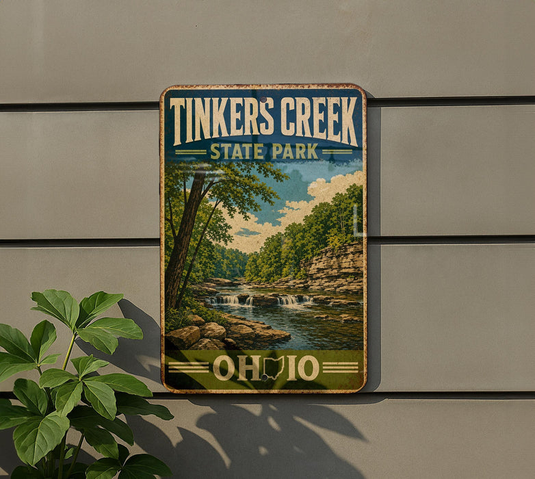 A vintage-style sign for Tinkers Creek State Park in Ohio, featuring a scenic landscape with a river, trees, and a waterfall.