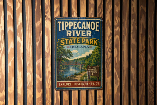 A vintage metal sign for Tippecanoe River State Park in Indiana, featuring a scenic illustration of the river and surrounding landscape.