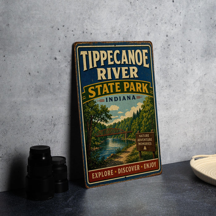 A vintage-style metal sign for Tippecanoe River State Park in Indiana, featuring a scenic illustration of the river and surrounding landscape.