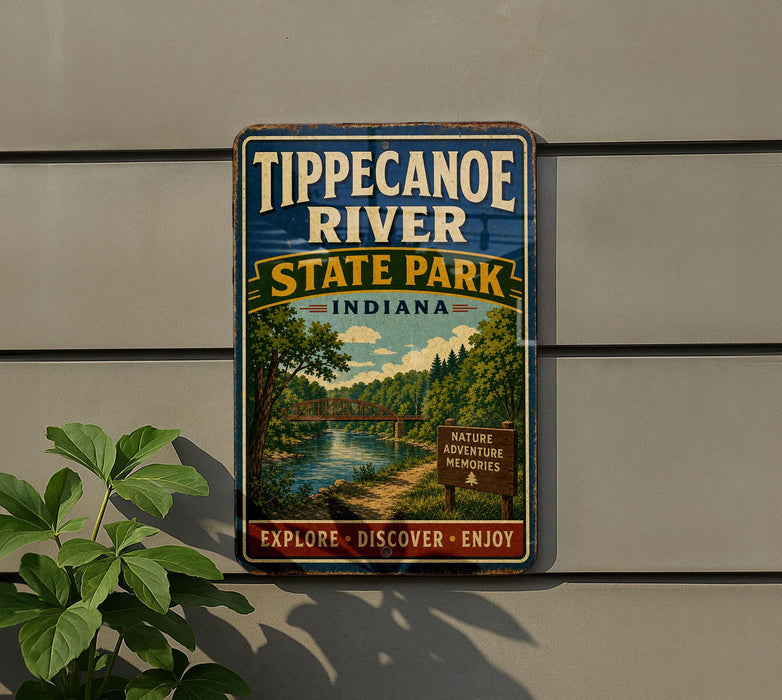 A vintage-style sign for Tippecanoe River State Park in Indiana, featuring a scenic image of the river surrounded by nature.