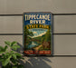 A vintage-style sign for Tippecanoe River State Park in Indiana, featuring a scenic image of the river surrounded by nature.