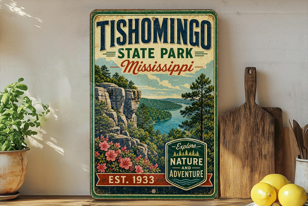 A vintage-style metal sign for Tishomingo State Park in Mississippi, featuring a scenic landscape with a river and mountains.