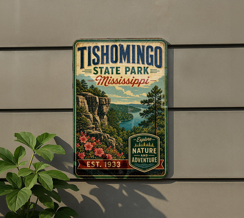 A vintage-style metal sign for Tishomingo State Park in Mississippi, featuring a scenic landscape with a river, cliffs, and flowers.