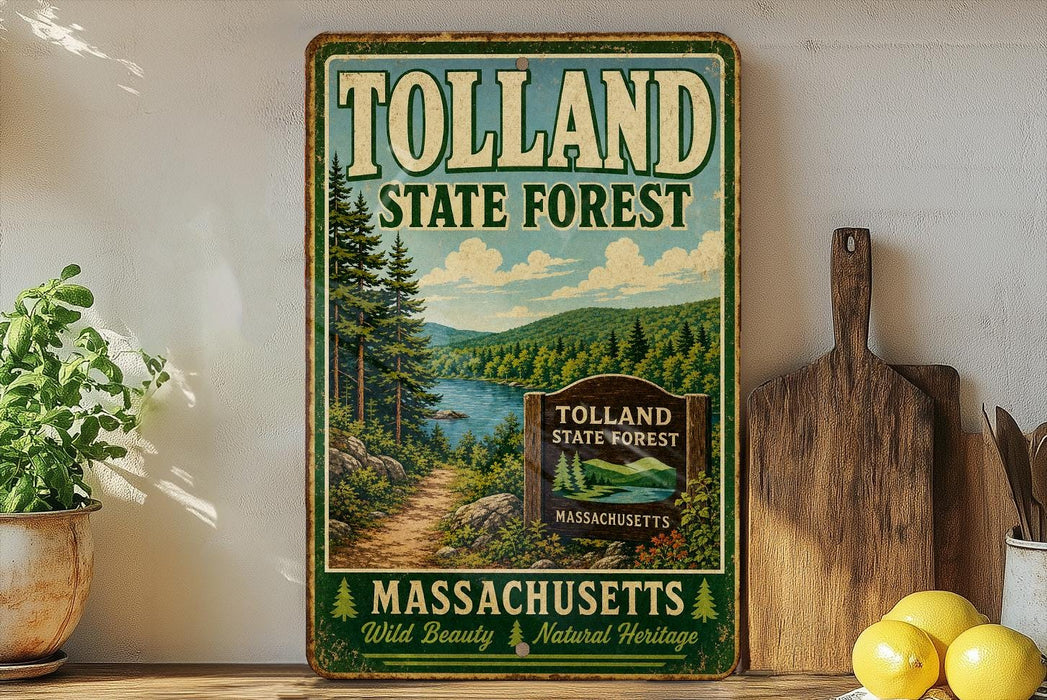 A vintage-style sign for the Tolland State Forest in Massachusetts, featuring a scenic landscape with pine trees, a lake, and mountains.