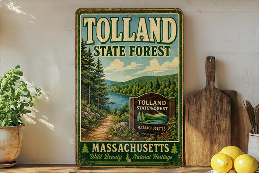 A vintage-style sign for the Tolland State Forest in Massachusetts, featuring a scenic landscape with pine trees, a lake, and mountains.