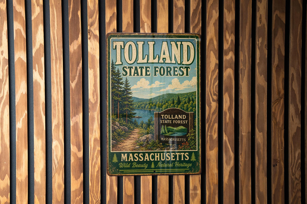 A vintage metal sign for Tolland State Forest in Massachusetts, featuring a scenic landscape with pine trees, a lake, and mountains.