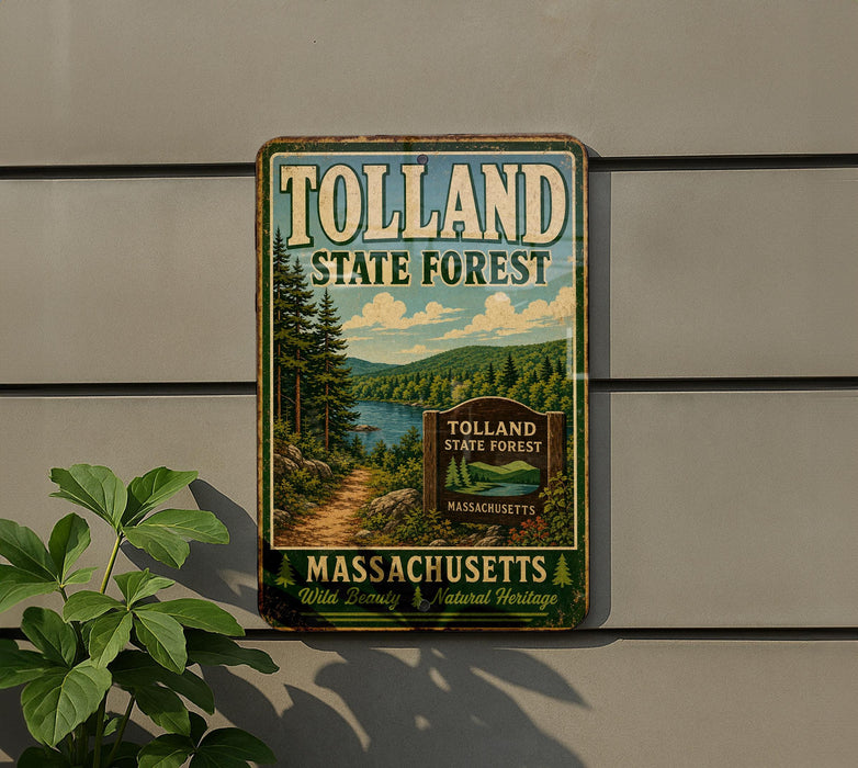 A vintage metal sign for Tolland State Forest in Massachusetts, featuring a scenic landscape with pine trees, a lake, and a path leading through the forest.