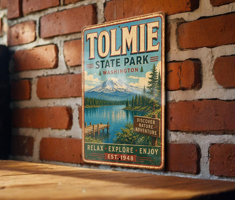 A vintage-style metal sign for Tolmie State Park in Washington, featuring a scenic mountain landscape and a wooden dock.
