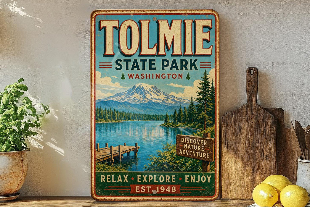 A vintage-style sign for Tolmie State Park in Washington, featuring a scenic mountain landscape with a lake and wooden dock.