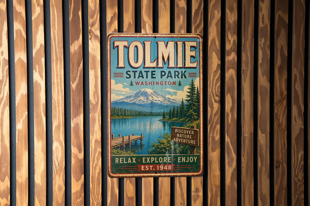 A vintage metal sign for Tolmie State Park in Washington, featuring a scenic mountain landscape and a wooden dock.