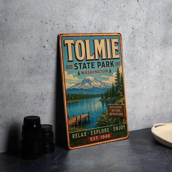 A vintage-style metal sign for Tolmie State Park in Washington, featuring a scenic landscape with a mountain, lake, and dock.