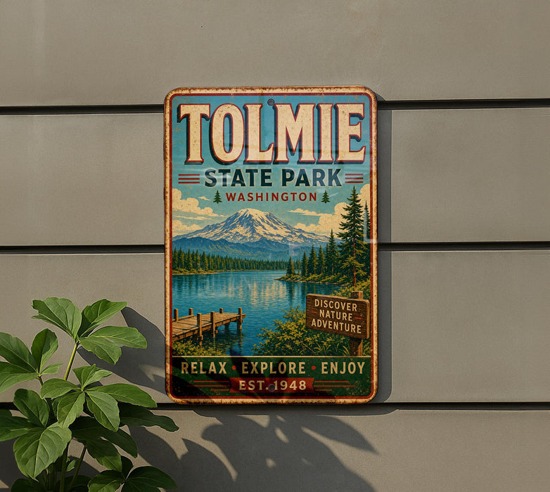 A vintage-style metal sign for Tolmie State Park in Washington, featuring a scenic mountain landscape with a lake and dock.