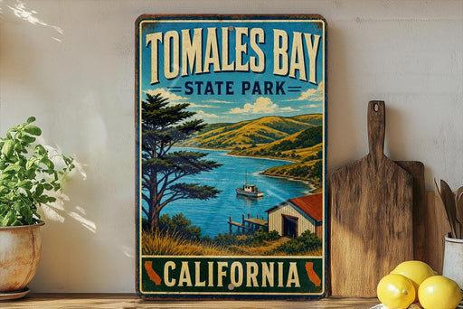A vintage-style sign for Tomales Bay State Park in California, featuring a scenic landscape with a lake, mountains, and a small boat.