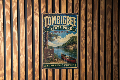 A vintage metal sign for Tombigbee State Park in Mississippi, featuring a scenic image of a river and a canoe, mounted on a wooden wall.