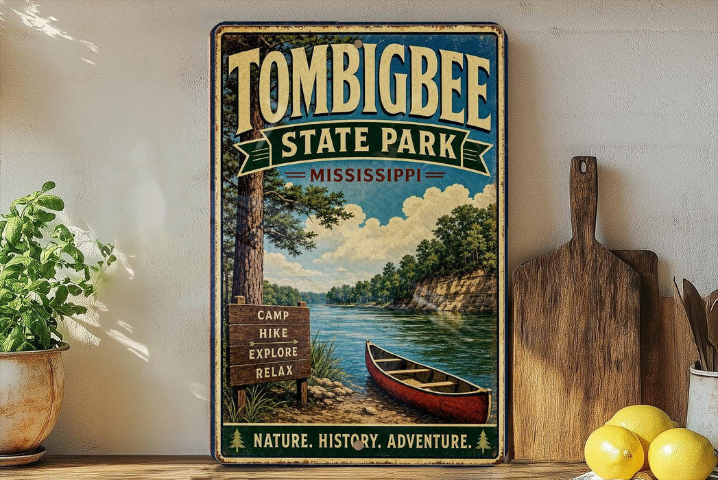 A vintage-style metal sign for Tombbee State Park in Mississippi, featuring a scenic image of a river, pine trees, and a canoe.