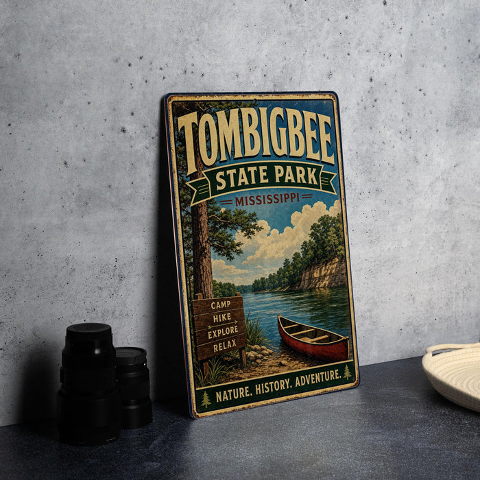 A vintage metal sign for Tombbee State Park in Mississippi, featuring a scenic illustration of a lake, canoe, and forest.