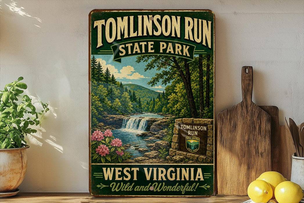 A vintage-style sign for Tomlinson Run State Park in West Virginia, featuring a scenic landscape with a waterfall and pine trees.
