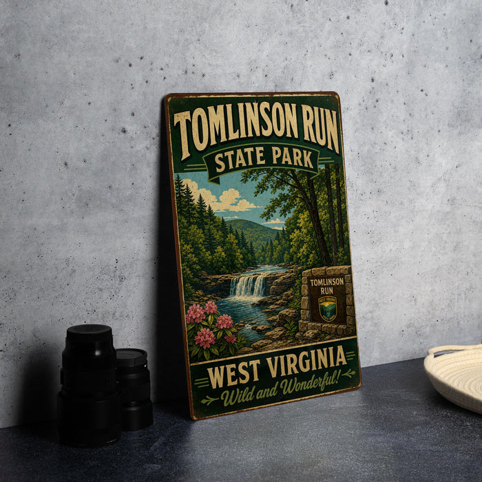 A vintage-style metal sign for Tomlinson Run State Park in West Virginia, featuring a scenic landscape with a waterfall and pine trees.