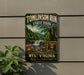 A vintage-style sign for Tomlinson Run State Park, featuring a scenic landscape with a waterfall and lush greenery.