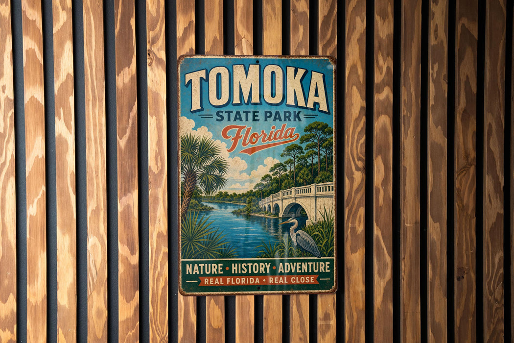 A vintage metal sign for Tomoka State Park, Florida, featuring a scenic illustration of a bridge, palm trees, and a heron in the water.