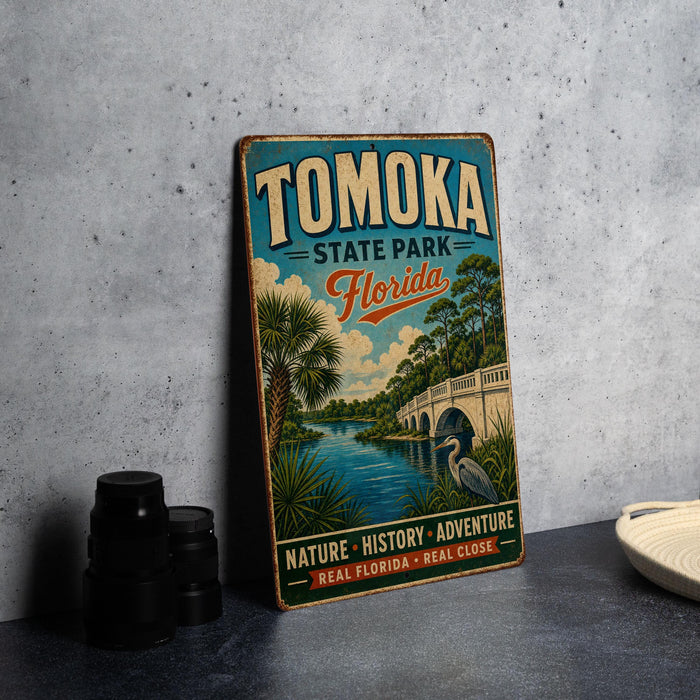 A vintage-style metal sign for Tomoka State Park, Florida, featuring a scenic illustration of a river, palm trees, and a bridge.