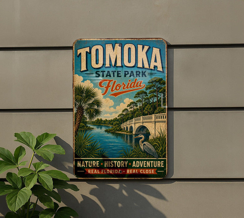A vintage-style metal sign for Tomoka State Park in Florida, featuring a scenic illustration of a bridge, palm trees, and a bird.
