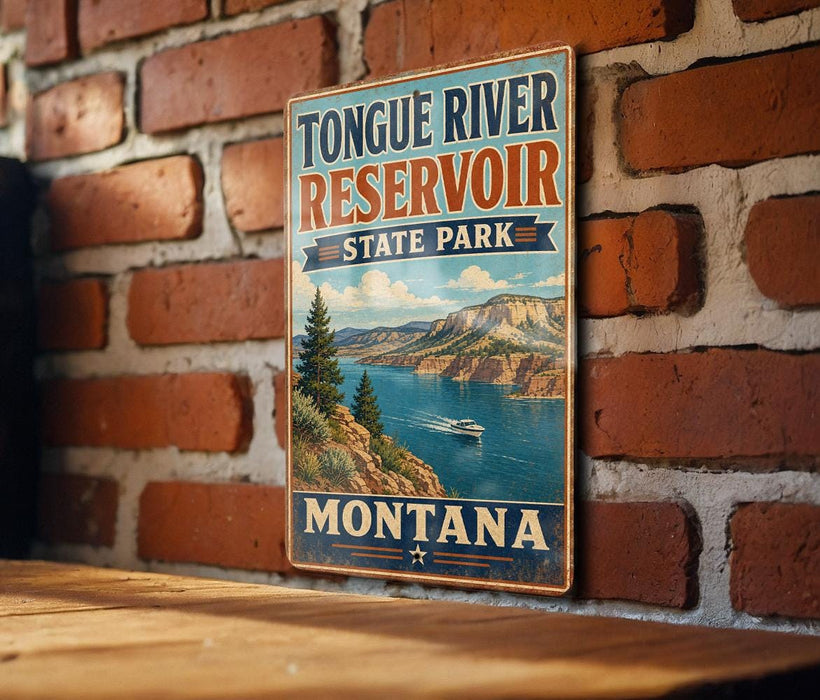 A vintage metal sign for Tongue River Reservoir State Park in Montana, featuring a scenic landscape with mountains, a river, and a boat.