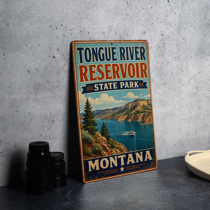 A vintage-style sign for Tongue River Reservoir State Park in Montana, featuring a scenic landscape with mountains, water, and a boat.