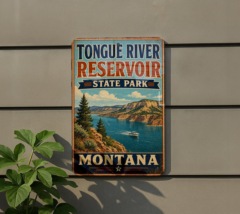 A vintage-style sign for Tongue River Reservoir State Park in Montana, featuring a scenic landscape with mountains, a river, and a boat.