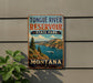A vintage-style sign for Tongue River Reservoir State Park in Montana, featuring a scenic landscape with mountains, a river, and a boat.