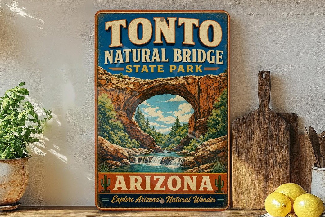 A vintage-style sign for Tonto Natural Bridge State Park in Arizona, featuring an illustration of the arch and a waterfall.