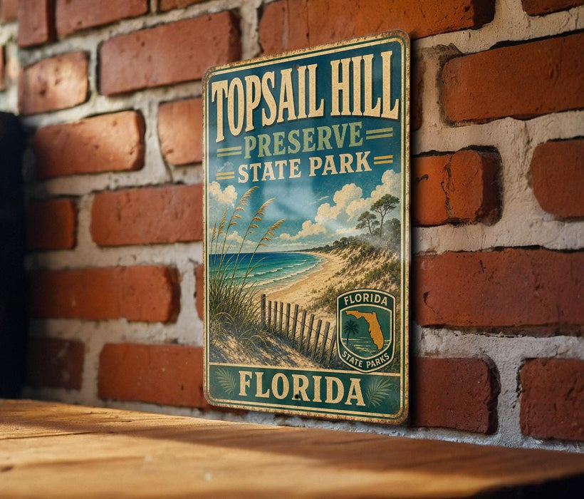 A vintage metal sign for Top sail Hill Preserve State Park in Florida, featuring a beach scene and palm trees, is displayed on a brick wall.