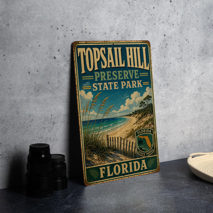 A vintage-style metal sign for Top sail Hill Preserve State Park in Florida, featuring a beach scene and a palm tree.