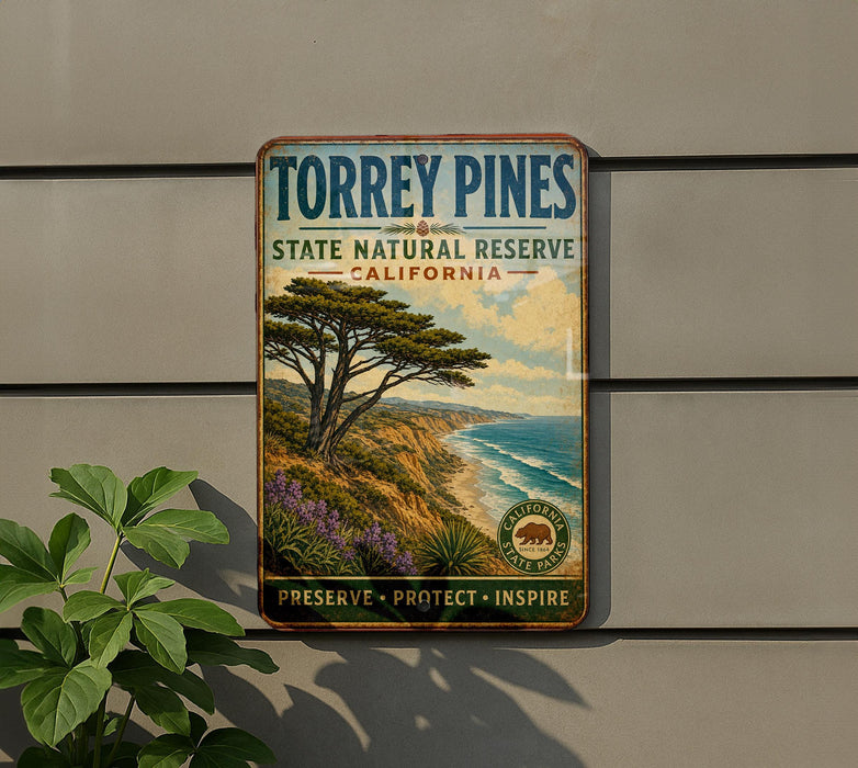 A vintage-style metal sign for Torrey Pines State Natural Reserve in California, featuring a scenic landscape with a pine tree and ocean in the background.